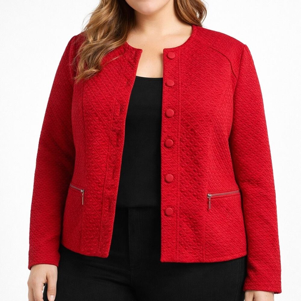 Chico’s Red Textured Jacket Size 3 (XL 16/18) Quilted Snap Front Zip